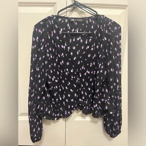 Zara black long sleeve crop blouse with purple flowers